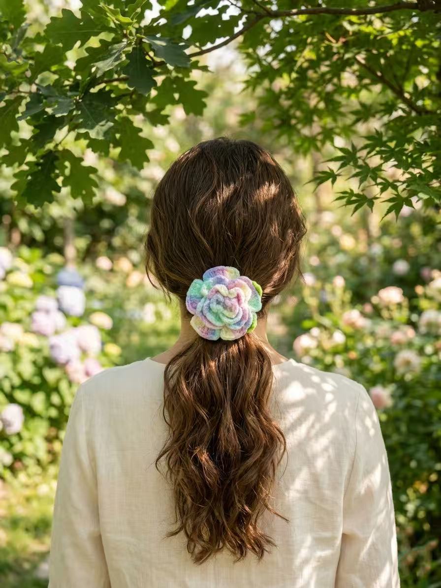 SENSE RIOT Hand-Crocheted Rose Hair Tie, Pastel Boho Scrunchie, Floral Ponytail Holder