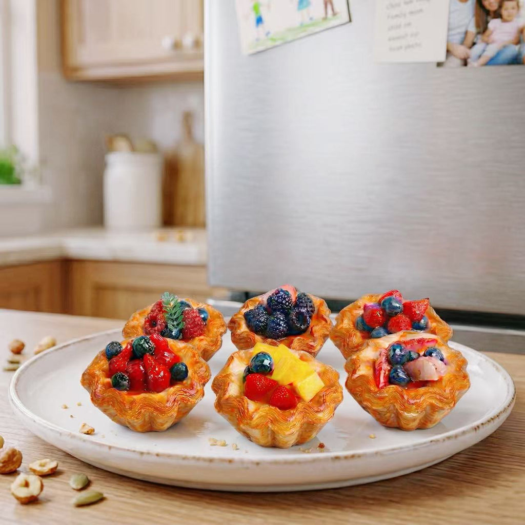 SENSE RIOT | 6-Piece Realistic Fruit Tart Collection - Scented Faux Pastry Decor, Stress Relief Squishy & Refrigerator Magnets Set