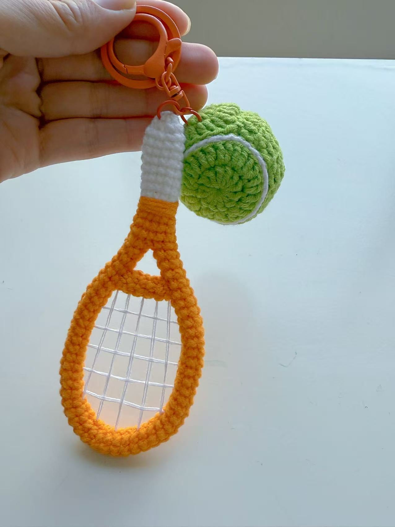 Handmade Crochet Tennis Racket Keychain, Amigurumi Tennis Ball Bag Charm, Gift for Tennis Player, Sporty Yarn Accessories, Orange & Green