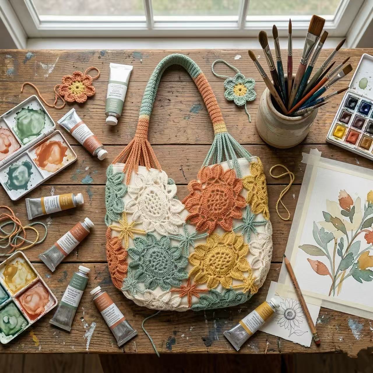 Handmade Sunflower Crochet Bag, 3D Floral Tote, Boho Pastel Morandi Flower Purse, Cottagecore Gift for Her