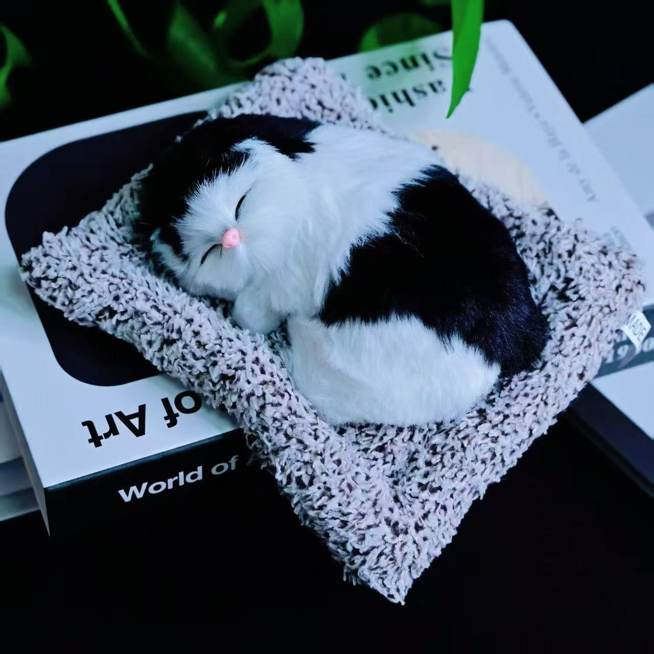 Realistic Sleeping Tuxedo Cat with Meow Sound – Lifelike Black & White Faux Fur Kitten on Plush Cushion | Zen Stress Relief & Aesthetic Room Decor
