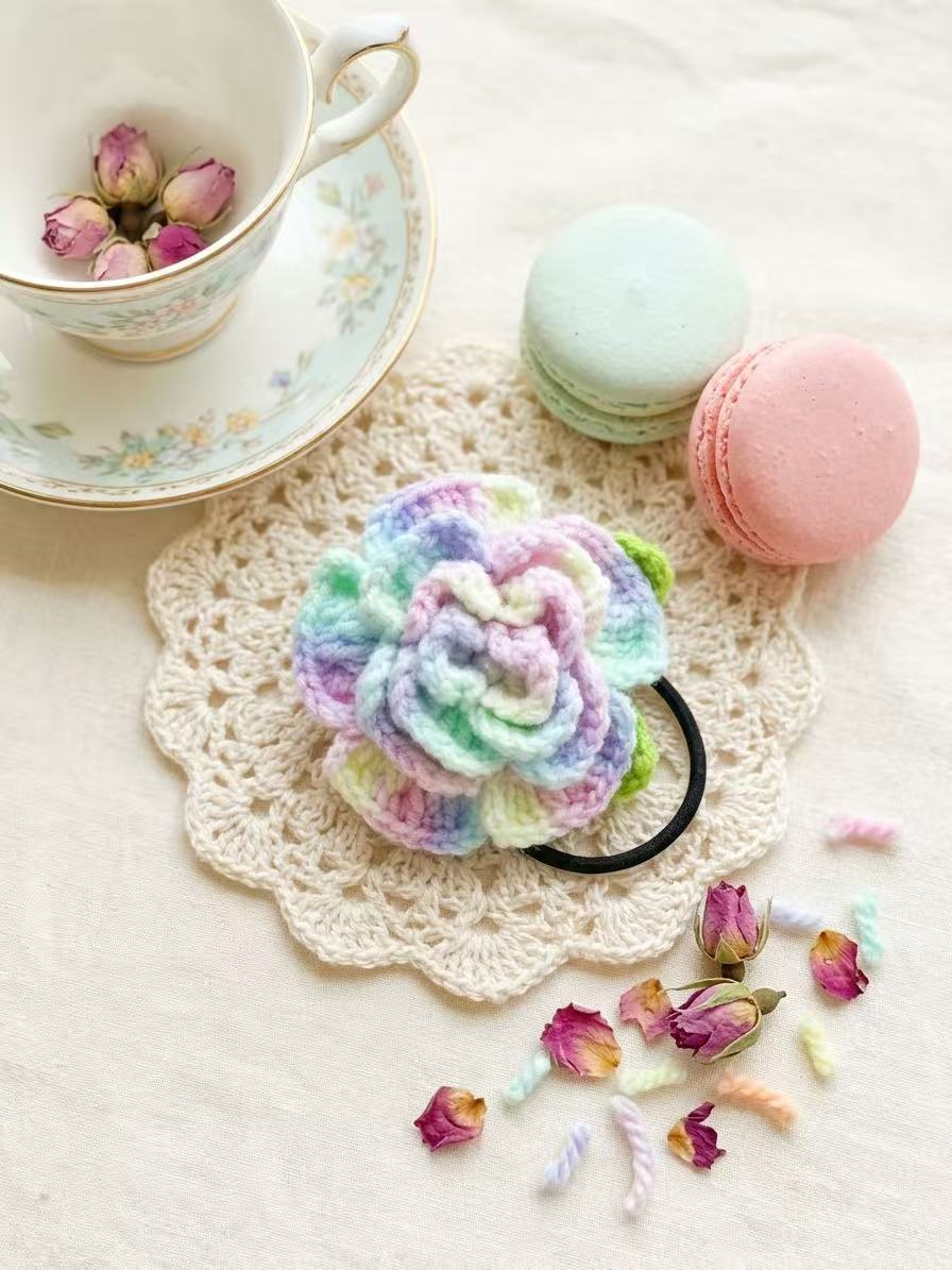 SENSE RIOT Hand-Crocheted Rose Hair Tie, Pastel Boho Scrunchie, Floral Ponytail Holder