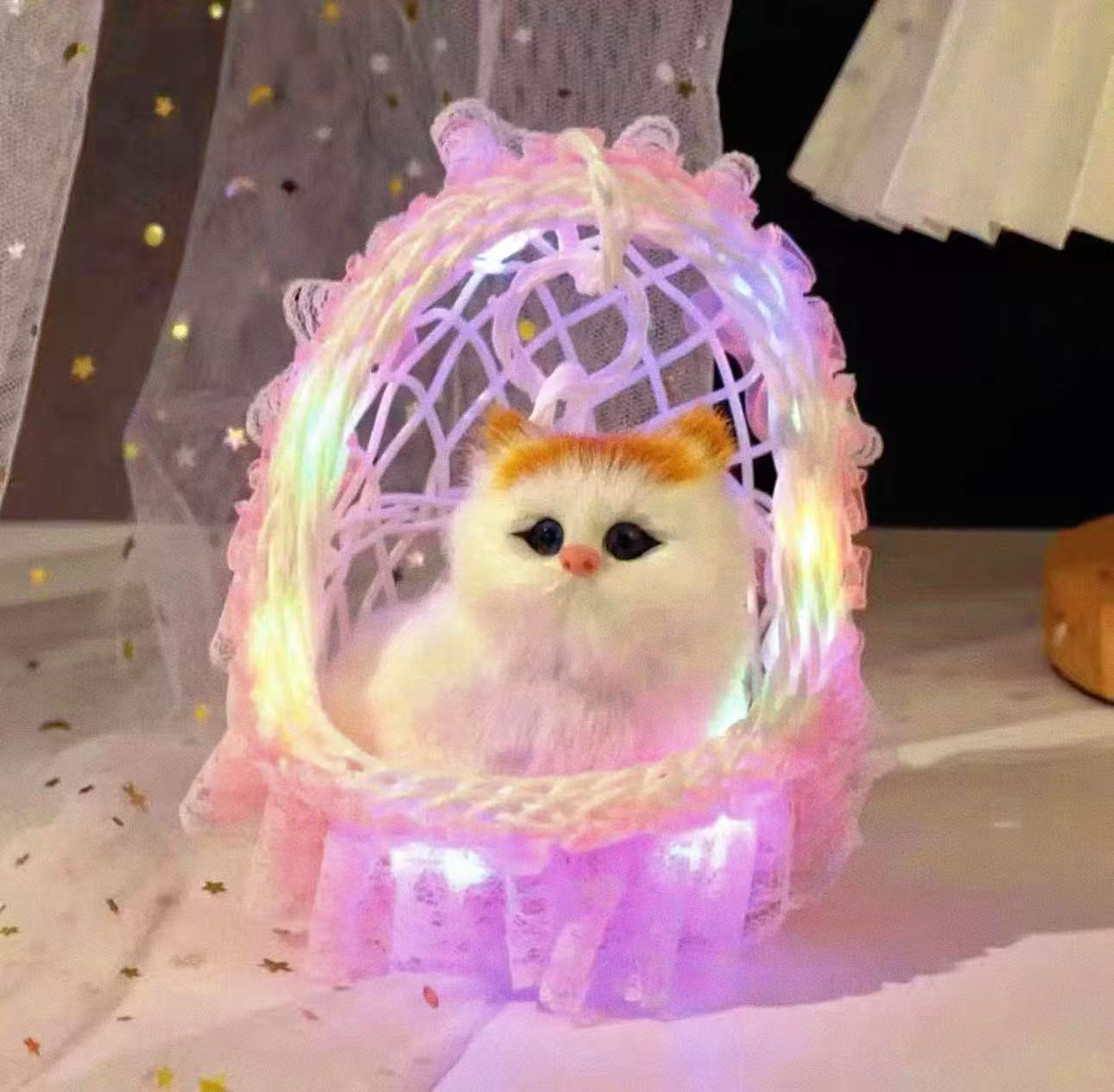 Magical Glowing "Dream Kitty" in Lace Cradle – Interactive Meowing Pet Ornament & Enchanting Night Light