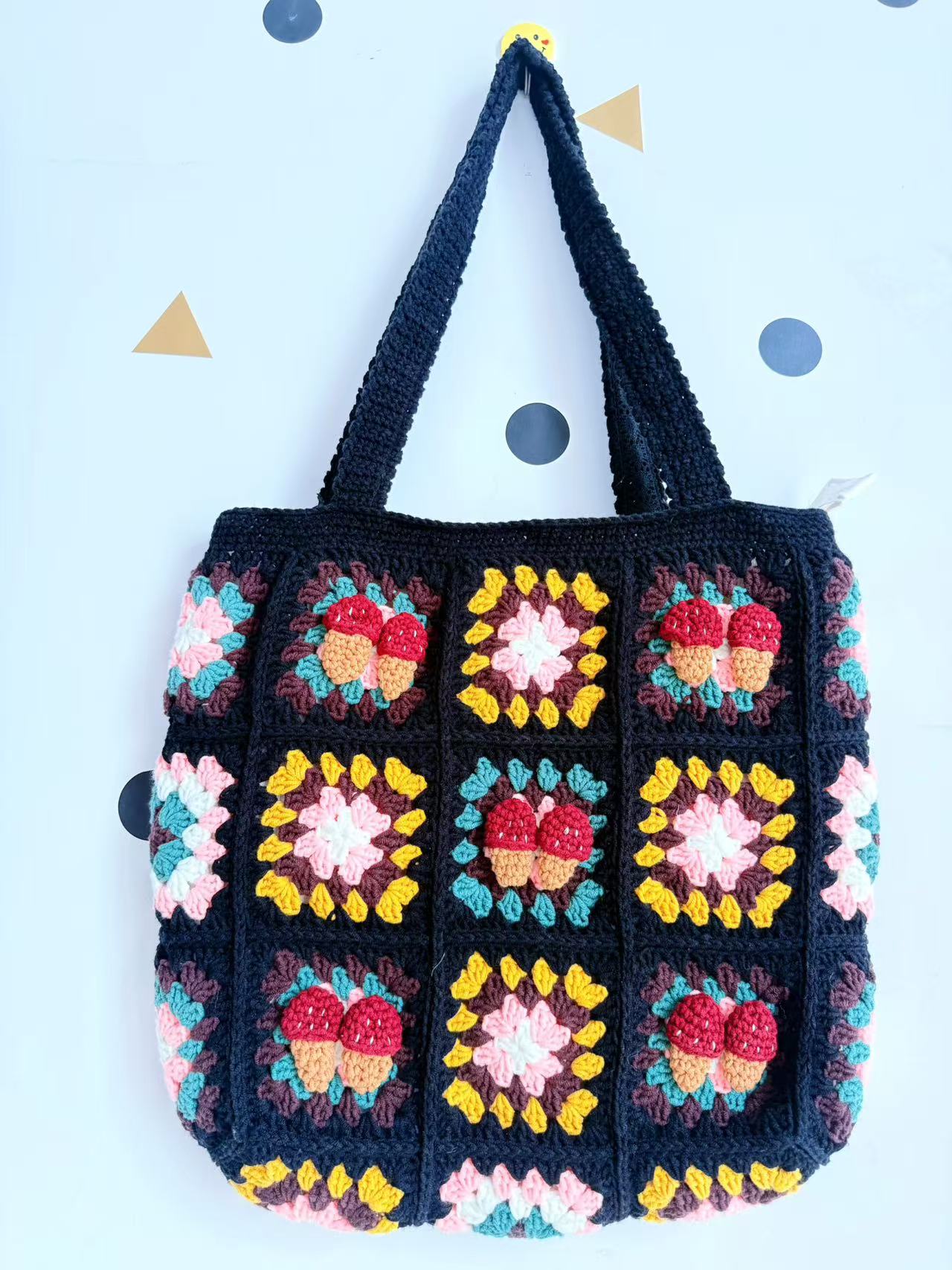 Vintage Crochet Shoulder Bag - Handmade Cotton Knit Tote for Women, Retro Aesthetic