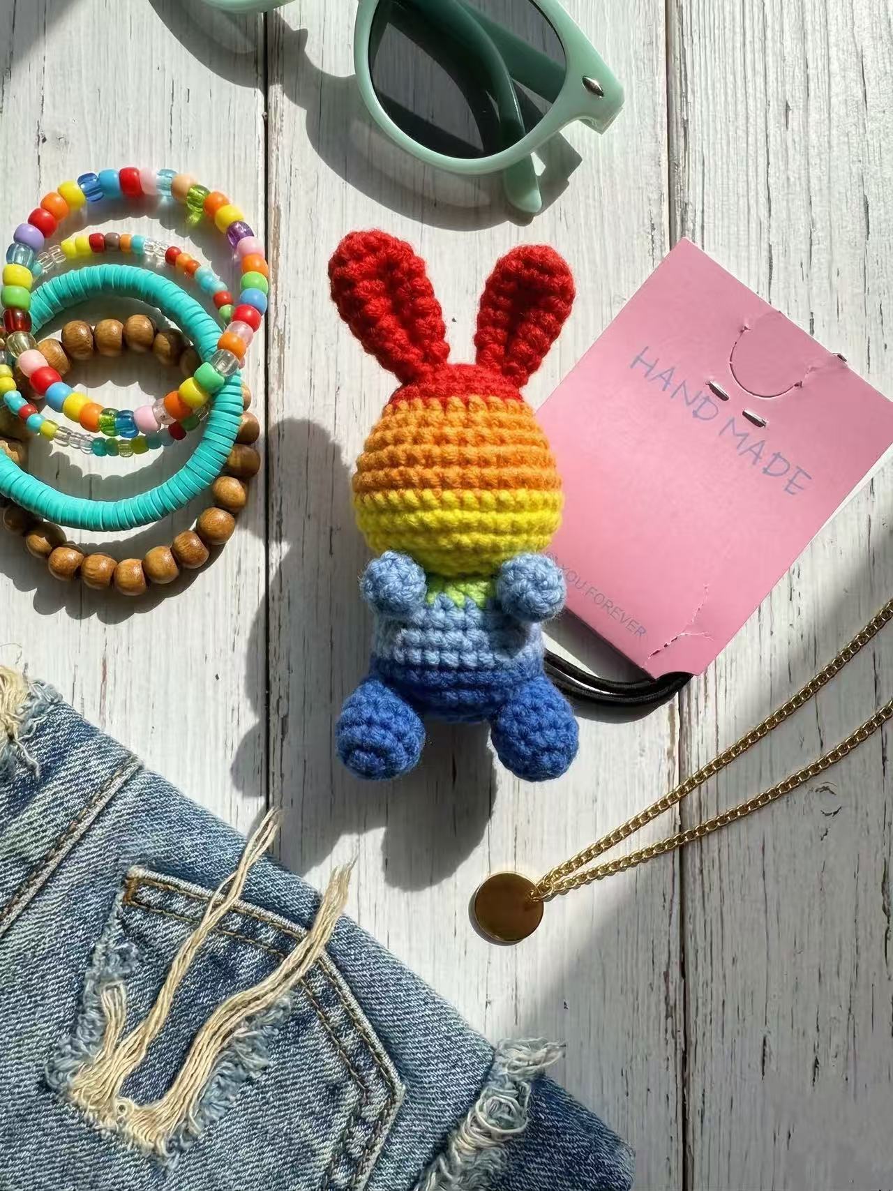 Rainbow Crochet Bunny Hair Tie, Amigurumi Ponytail Holder, Handmade Colorful Accessory, Bag Charm