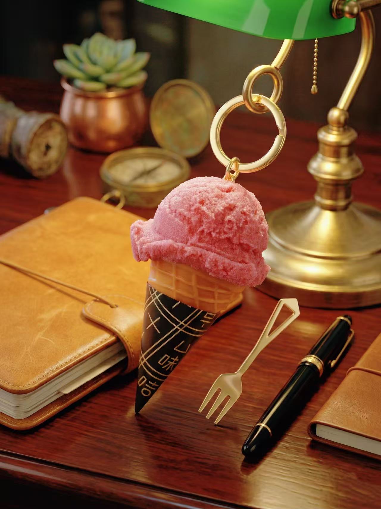 Ultra-Realistic Raspberry Sorbet Ice Cream Keychain with Gold Fork Charm – Handmade Faux Food Accessory for Bags, Planners & Keys