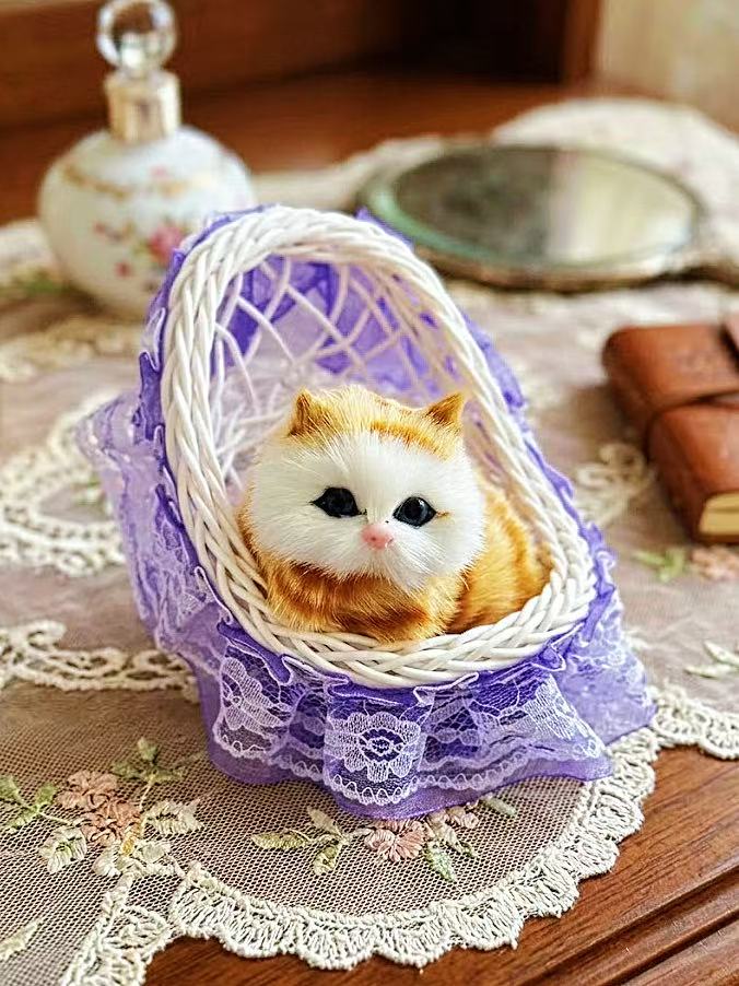 Handmade Mini "Slumber Kitty" in Lace Wicker Cradle – Aesthetic Desktop Healing Ornament & Pet Lover Gift