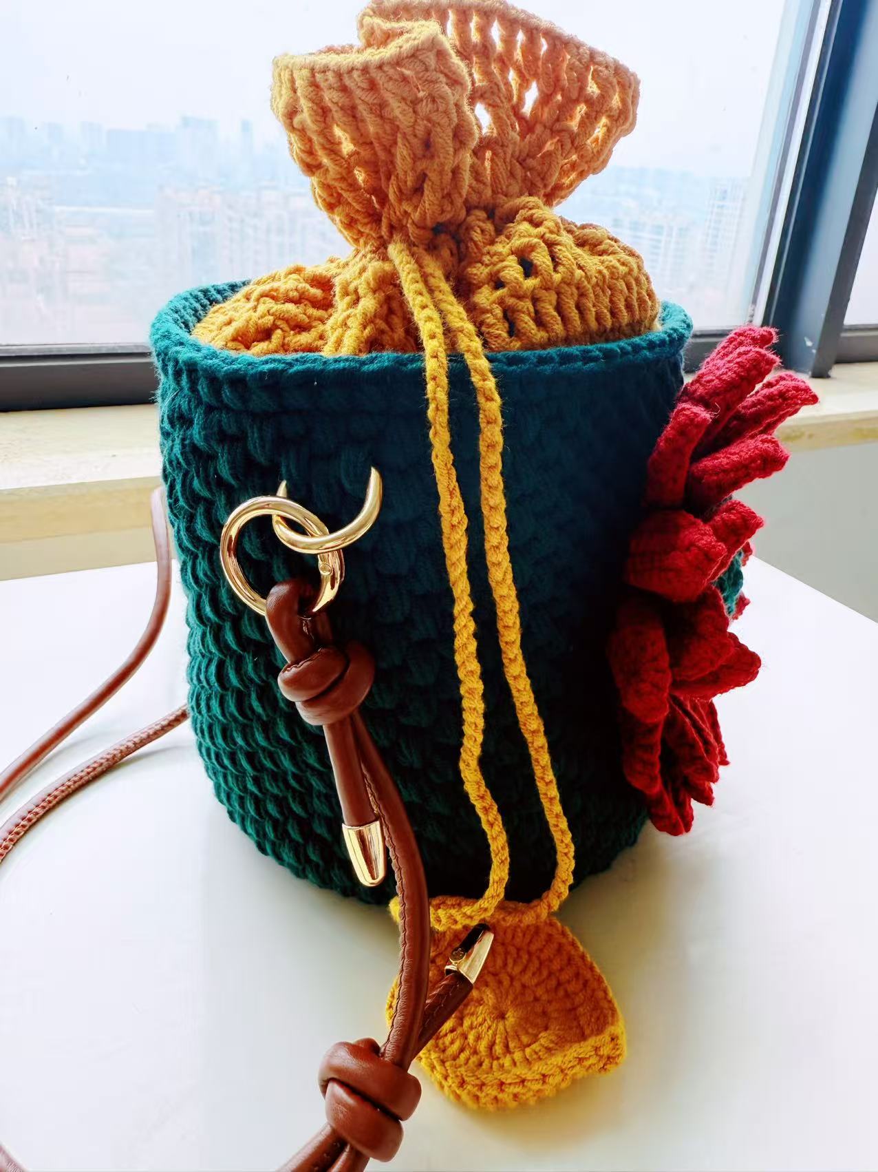 Crochet Shoulder Bag, Hand-Stitched Flower Purse, Chunky Cotton Fiber Art Accessory