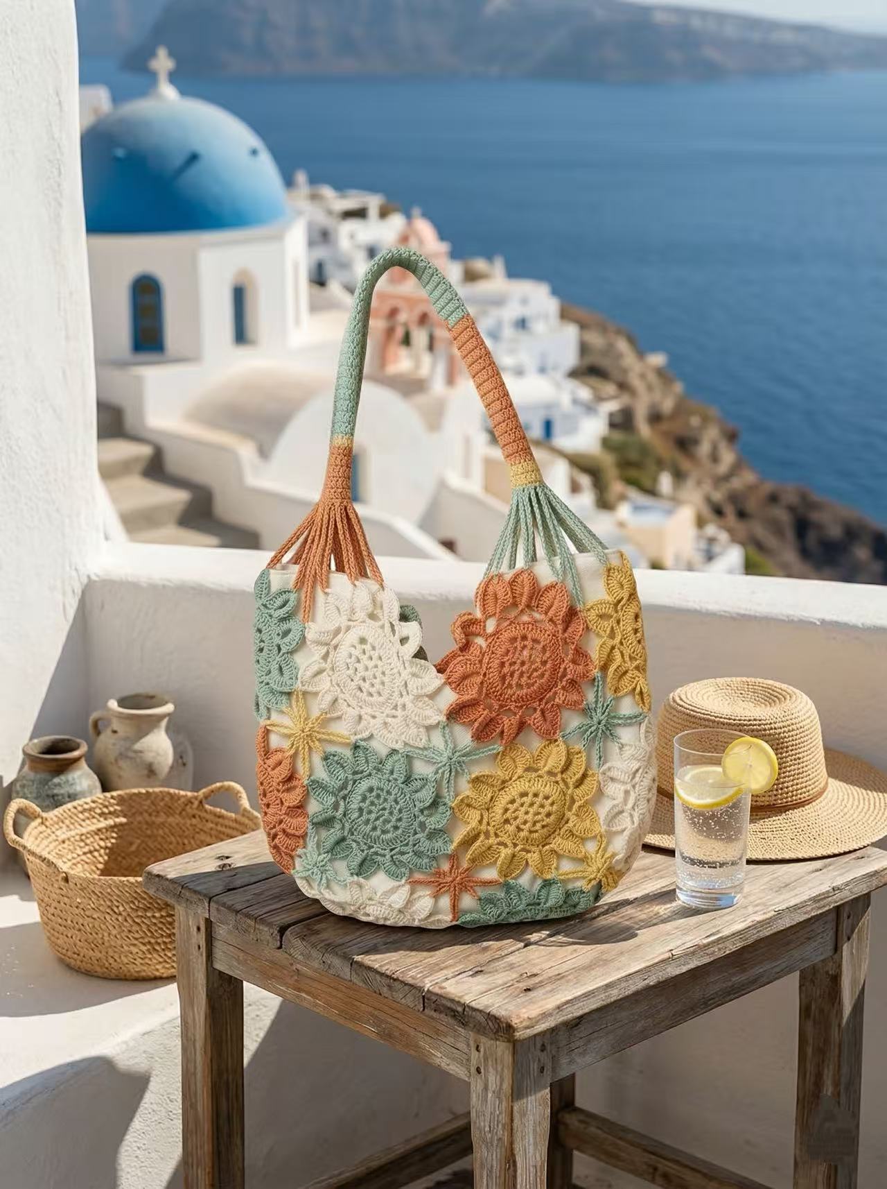 Handmade Sunflower Crochet Bag, 3D Floral Tote, Boho Pastel Morandi Flower Purse, Cottagecore Gift for Her