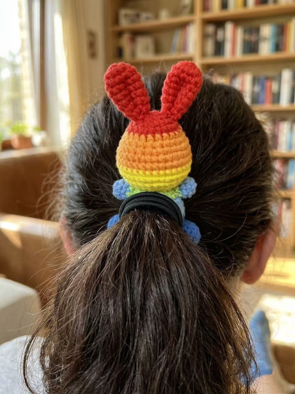 Rainbow Crochet Bunny Hair Tie, Amigurumi Ponytail Holder, Handmade Colorful Accessory, Bag Charm