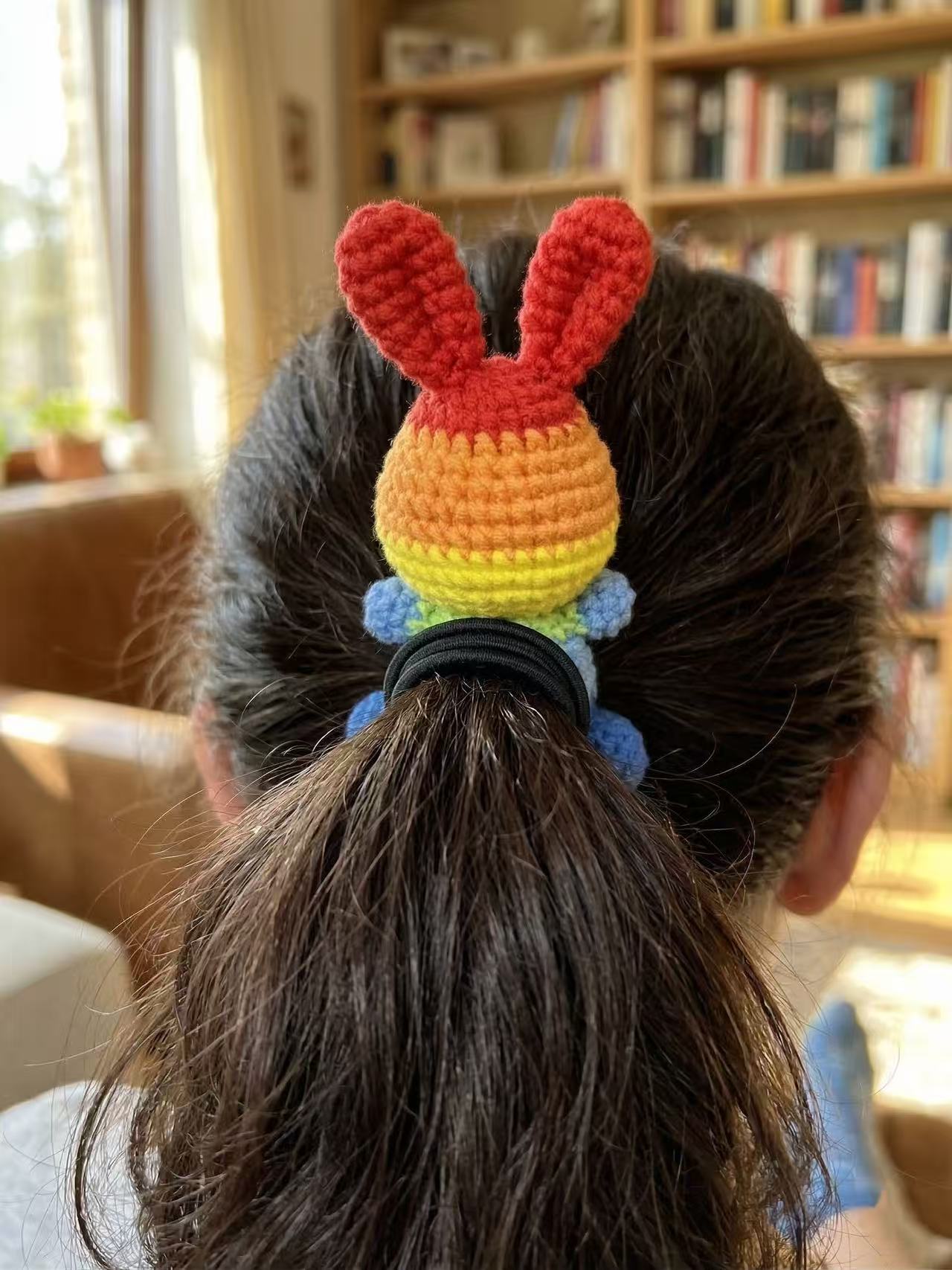 Rainbow Crochet Bunny Hair Tie, Amigurumi Ponytail Holder, Handmade Colorful Accessory, Bag Charm
