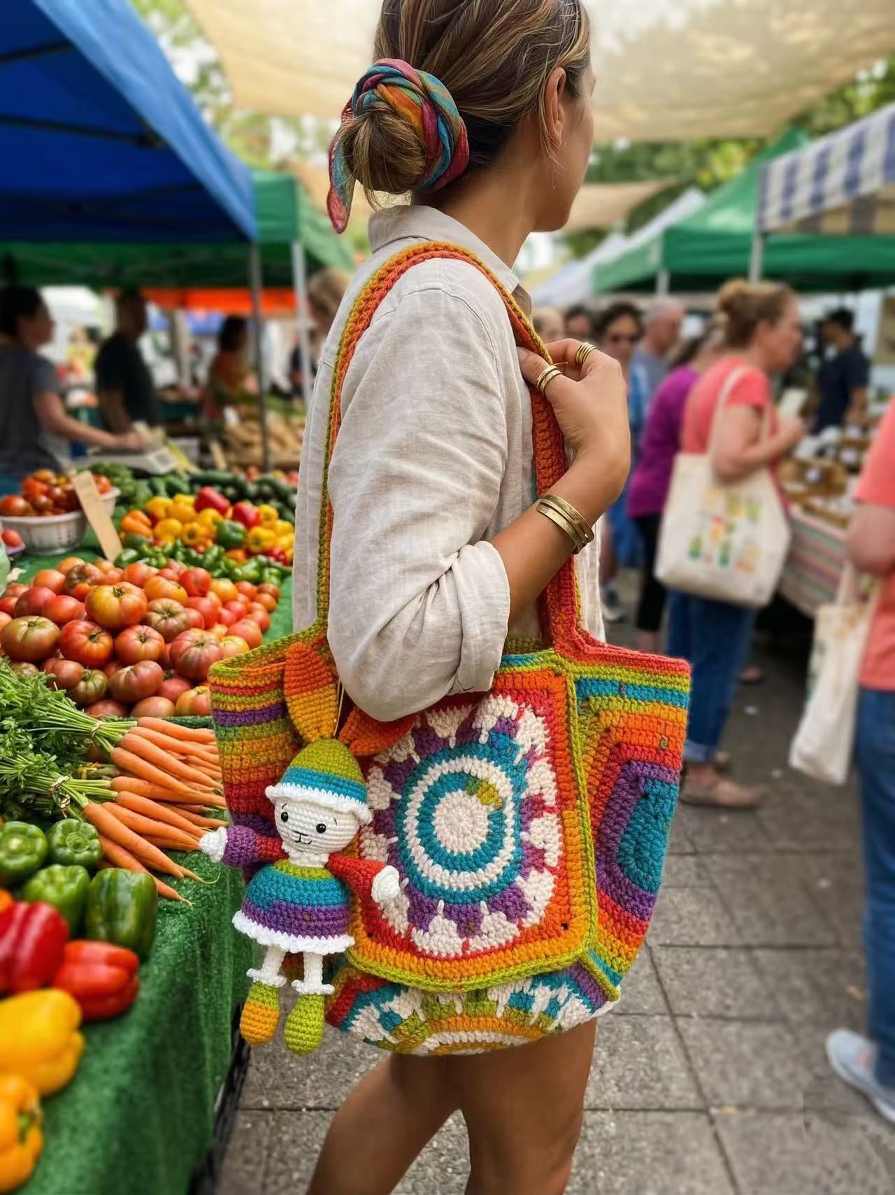 Handmade Crochet Tote Bag, Rainbow Mandala, Boho Hippie Shoulder Bag, Bunny Charm