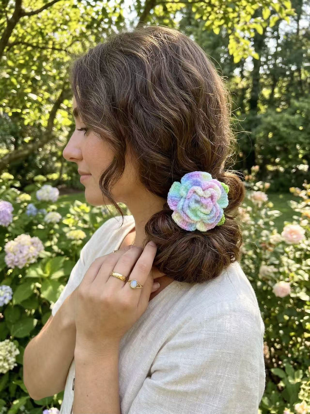 SENSE RIOT Hand-Crocheted Rose Hair Tie, Pastel Boho Scrunchie, Floral Ponytail Holder
