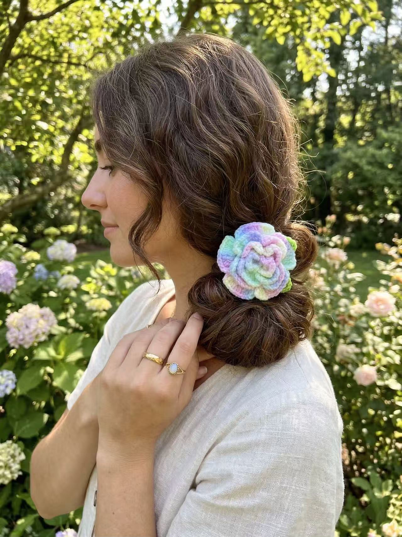 SENSE RIOT Hand-Crocheted Rose Hair Tie, Pastel Boho Scrunchie, Floral Ponytail Holder