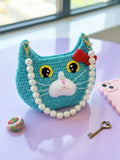 Handmade Crochet "Cat Face" Mini Bag with Pearl Strap - Quirky Y2K Aesthetic Purse, Funny Amigurumi Cat Pouch, Kawaii Boho Crossbody Gift for Women