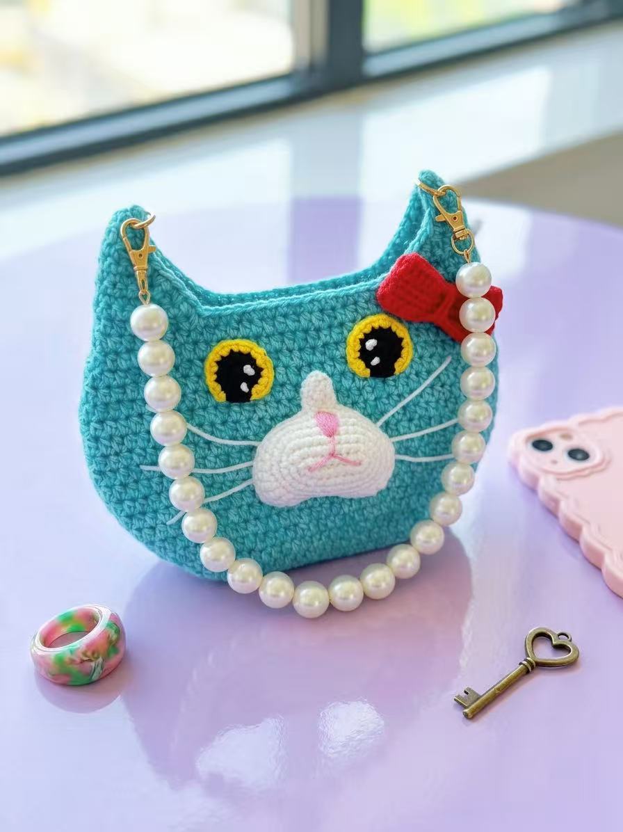 Handmade Crochet "Cat Face" Mini Bag with Pearl Strap - Quirky Y2K Aesthetic Purse, Funny Amigurumi Cat Pouch, Kawaii Boho Crossbody Gift for Women