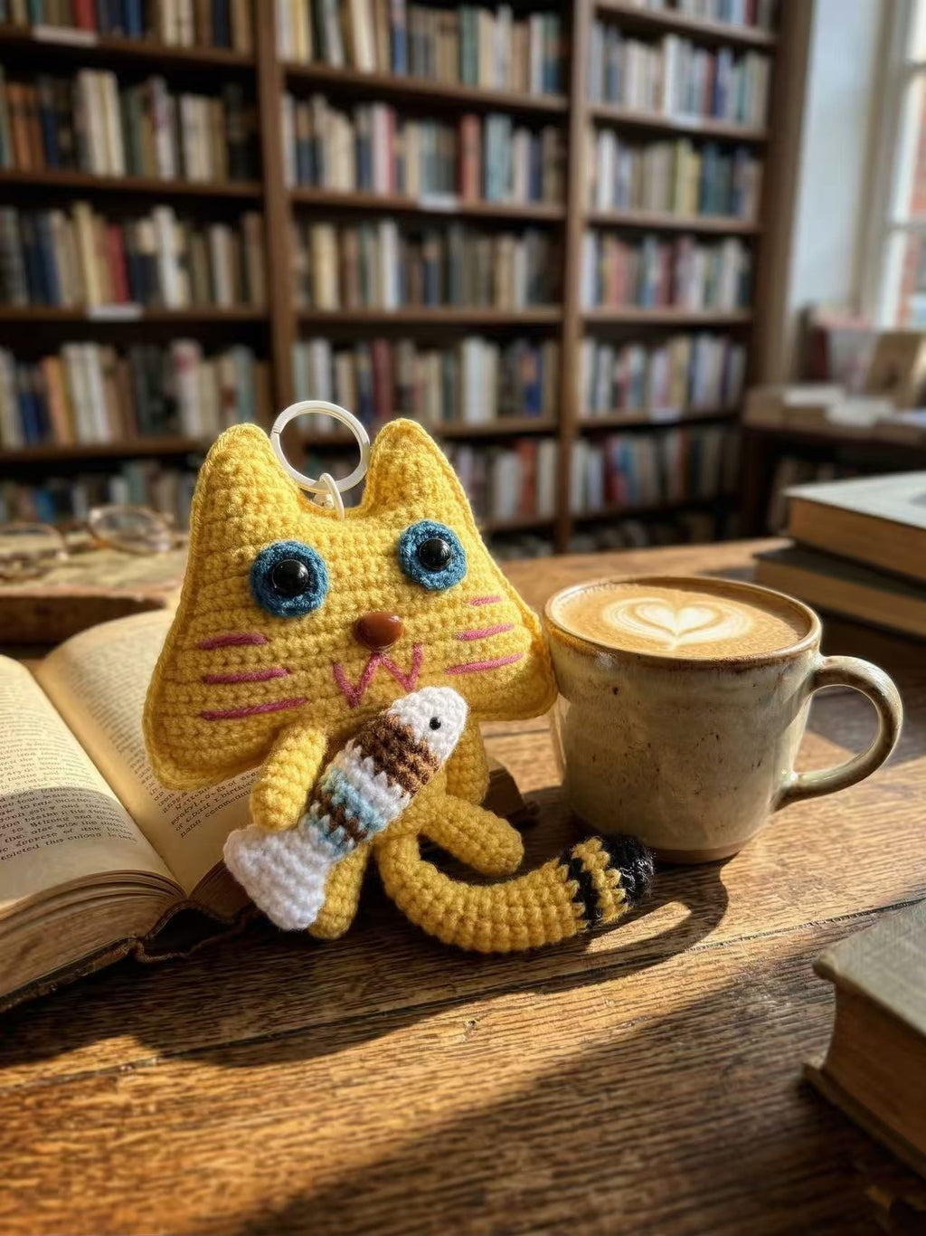 Yellow Crochet Cat Keychain with Fish, Kawaii Amigurumi Bag Charm, Animal Accessory