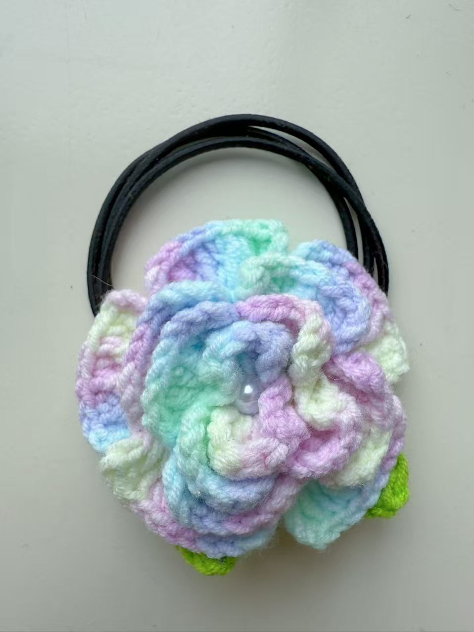 SENSE RIOT Hand-Crocheted Rose Hair Tie, Pastel Boho Scrunchie, Floral Ponytail Holder