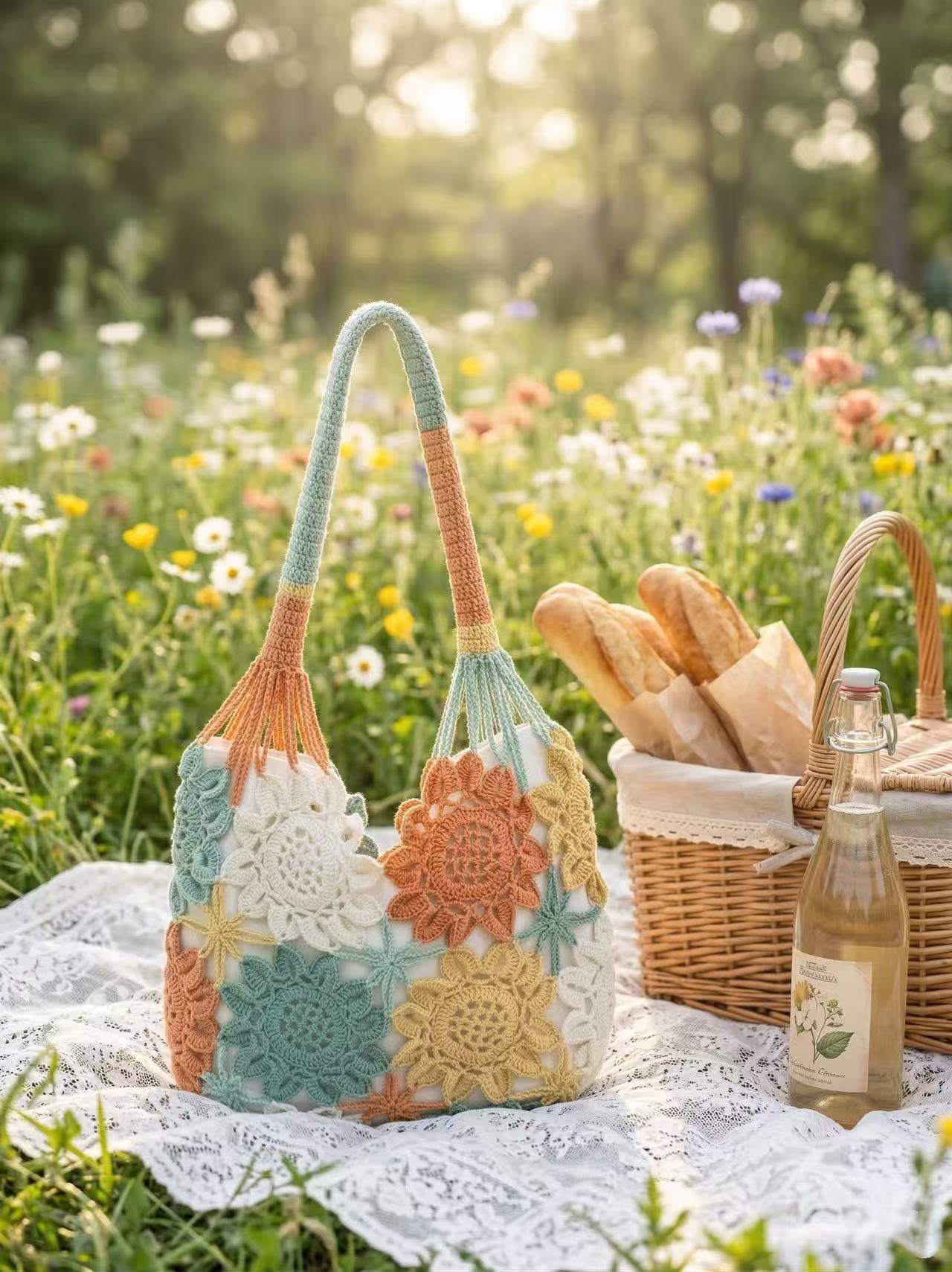 Handmade Sunflower Crochet Bag, 3D Floral Tote, Boho Pastel Morandi Flower Purse, Cottagecore Gift for Her