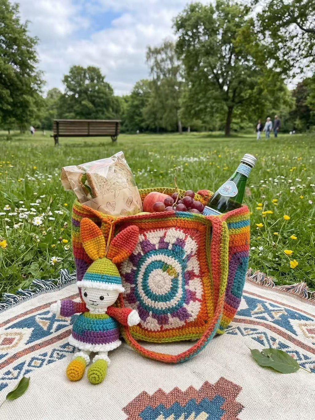 Handmade Crochet Tote Bag, Rainbow Mandala, Boho Hippie Shoulder Bag, Bunny Charm