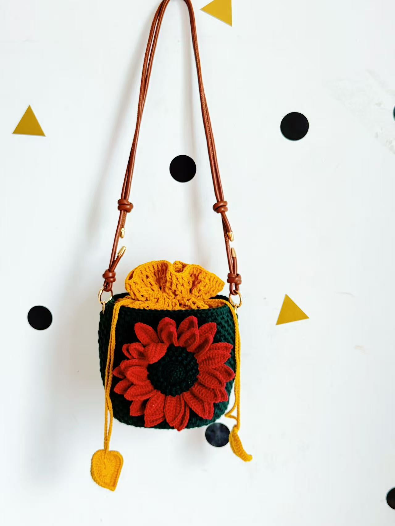 Crochet Shoulder Bag, Hand-Stitched Flower Purse, Chunky Cotton Fiber Art Accessory