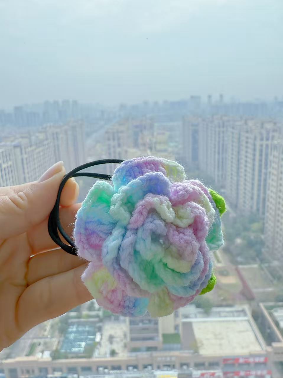 SENSE RIOT Hand-Crocheted Rose Hair Tie, Pastel Boho Scrunchie, Floral Ponytail Holder