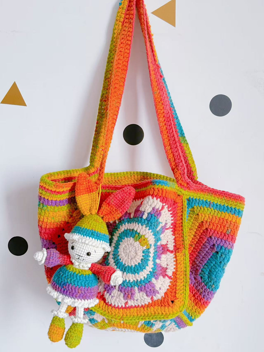 Handmade Crochet Tote Bag, Rainbow Mandala, Boho Hippie Shoulder Bag, Bunny Charm