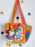 Handmade Crochet Tote Bag, Rainbow Mandala, Boho Hippie Shoulder Bag, Bunny Charm