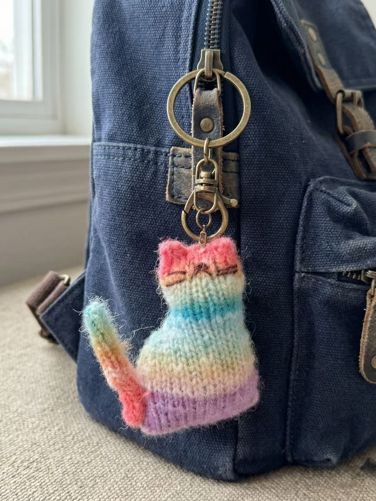Handmade Crocheted Rainbow Cat Keychain, Pastel Knit Kitty Bag Charm, Cute Cat Lover Gift for Her, Kawaii Backpack Accessory, Boho Key Ring