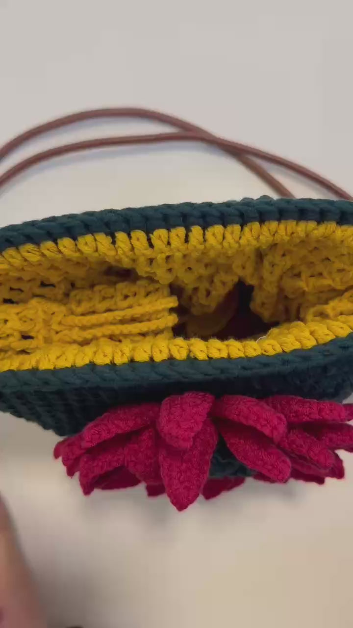 Crochet Shoulder Bag, Hand-Stitched Flower Purse, Chunky Cotton Fiber Art Accessory