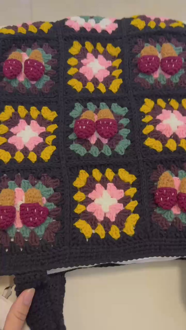 Vintage Crochet Shoulder Bag - Handmade Cotton Knit Tote for Women, Retro Aesthetic