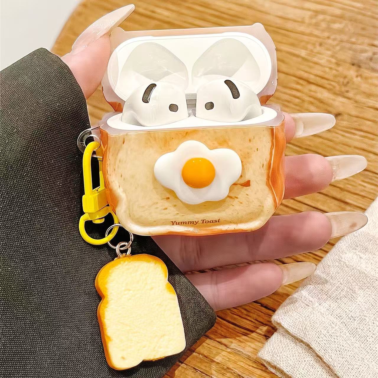 3D Yummy Toast AirPods Case with Fried Egg & Bread Charm | Cute Bakery Gift